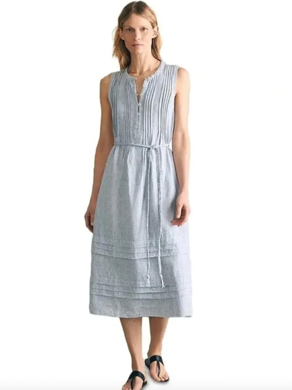 Faherty Isha Midi Dress in Blue Mini Stripe Sleeveless Linen Size S